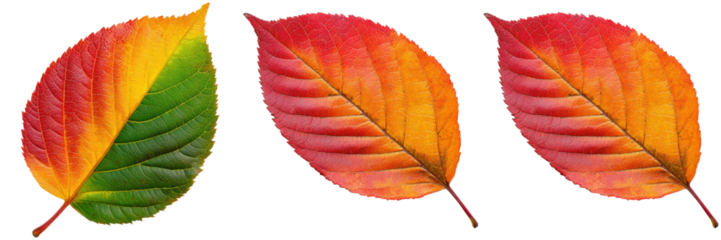 Three autumn leaves in various stages of color change, from green to yellow to red. Concept of autumn, fall, and changing seasons.