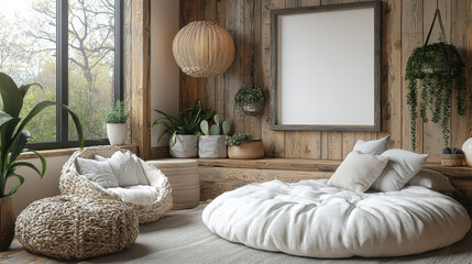 Cozy kids room with large round bed, natural decor, and plants