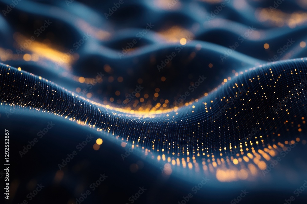 Poster Digital landscape with glowing particles creating a wave like pattern in dark blue at night. Generative AI
