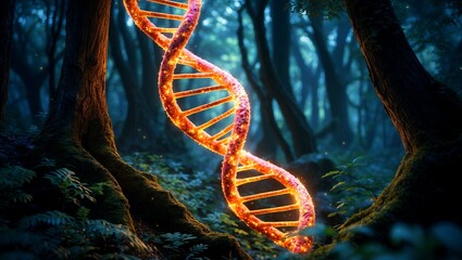 Stunning glowing dna helix in enchanted forest