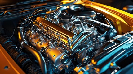 Fototapeta premium Gleaming chrome engine bay of a vintage classic car