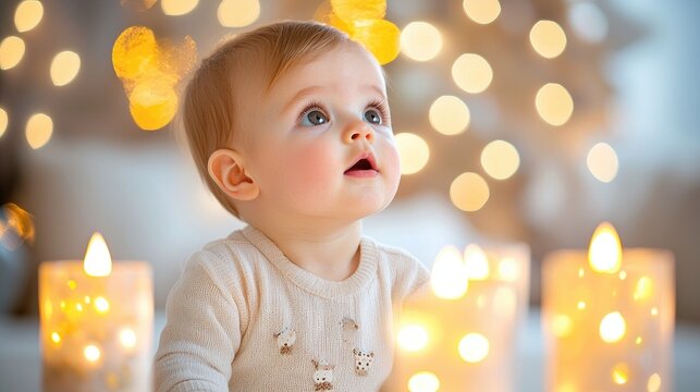 Baby looking up at lights, Christmas scene, home interior, photo for gift card