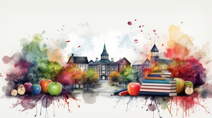 Obraz premium Celebrating a New School Year with Watercolor Artwork and Books