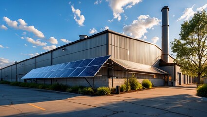Obraz premium Sustainable industrial warehouse with solar panels and smoke stack