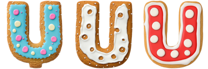 Three gingerbread cookies shaped like the letter U, decorated with colorful icing and sprinkles. Festive and delicious treat for holidays or special occasions.