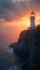 Fototapeta premium A peaceful lighthouse on a rocky cliff at sunset