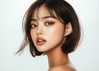 Fototapeta premium headshot of Asian woman with short bob cut sleek hair perfect for beauty skincare fashion related content. White background and refined look convey sophistication and modern style.