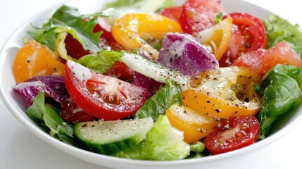 Fresh vegetable salad, healthy meal, white background, kitchen setting, food photography
