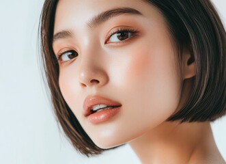 Fototapeta premium headshot of Asian woman with short bob cut sleek hair perfect for beauty skincare fashion related content. White background and refined look convey sophistication and modern style.