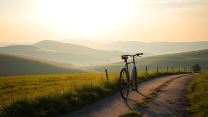 Naklejka premium Bicycle in a Tranquil Countryside Landscape with Rolling Hills and Soft Morning Light