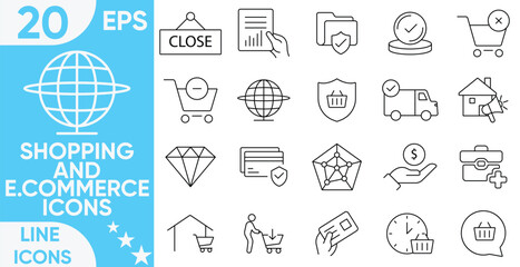 Shopping and e.commerce icon set.Commonly, Delivering, Store, Marketing, Money,  E-commerce, mobile websites,  retail, cart, checkout, delivery elements and more.Vector and illustrator set.