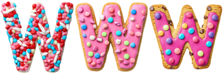 Letter W cookies with colorful sprinkles and pink icing. Sweet treat for kids.
