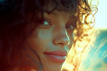 Fototapeta premium Commercial digital ads visual artwork. Long hairdo - curly hair. Attractive smiling mixed-race girl - for ads, way poster and web use. Vibrant colored hair styles. Long hair model.