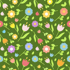 Flat seamless floral pattern with multicolored flowers, leaves, and buds on a dark green background. Vector for fabric, wrapping, and spring easter designs