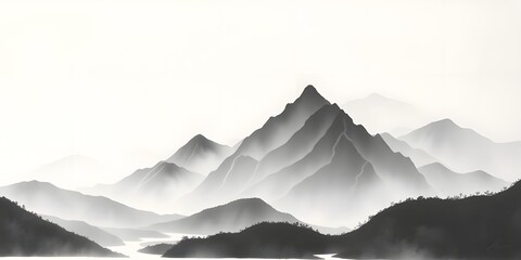  Serene Mountain Landscape in Ink Painting with Soft Grayscale Tones