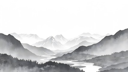  Serene Mountain Landscape in Ink Painting with Soft Grayscale Tones