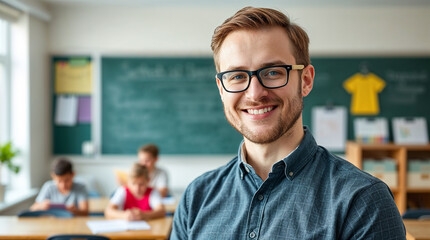 Fototapeta premium Happy male teacher standing in the classroom and looking at camera
