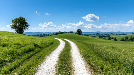 Fototapeta premium Winding gravel road through green hills, sunny day, scenic landscape, travel background