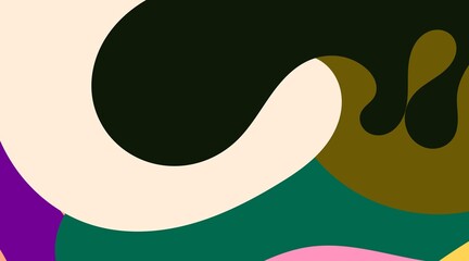 The abstract illustration employs organic forms in a muted palette of cream, beige, olive green, and green. This subdued color scheme evokes a sense of tranquility and naturalness.