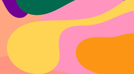 An abstract illustration employs organic forms in a palette of yellow, orange, pink, and muted green. The vibrant, warm color scheme generates a cheerful and energetic composition.