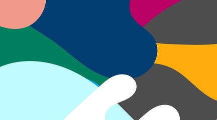 The abstract illustration features organic forms in a palette of deep blue, light blue, orange, and subtle gray tones. This color scheme is vibrant yet balanced, conveying a contemporary aesthetic.