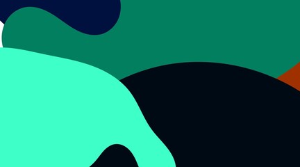 The abstract illustration employs organic forms in a palette of green, teal, dark blue, and cream. This fresh and natural color scheme evokes a sense of calm and harmony.