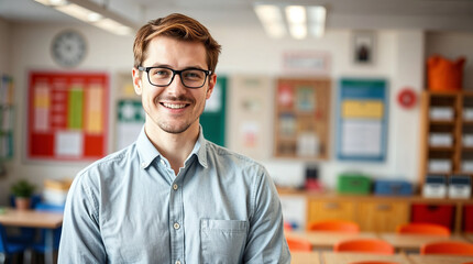 Fototapeta premium Happy male teacher standing in the classroom and looking at camera