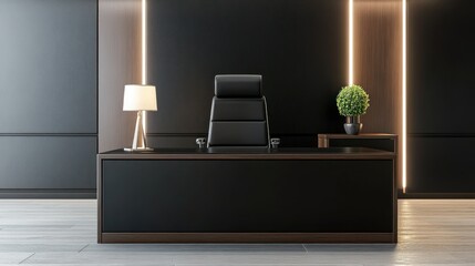 Modern executive office space showcasing a dark desk chair and tasteful d,cor emphasizing sophistication and professional design aesthetics