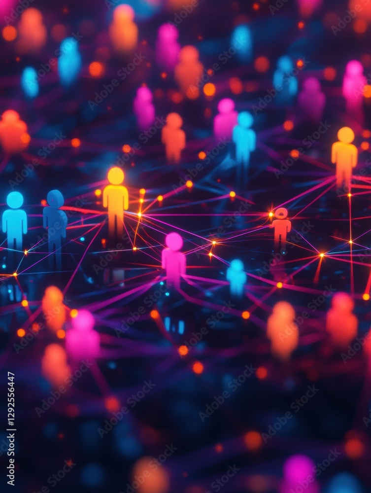 Aufkleber vibrant social media network visualized through colorful 3d avatars connected by energetic lines. ge