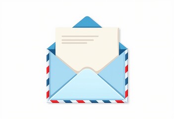 Flat Vector Open Envelope Icon: Simple Design with Blue and Red Striped Borders, Light Blue Lining, Minimalist Style on White

