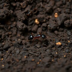  Macro Image of a Black Ant on Rich, Dark Soil with Texture and Depth