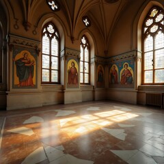 Obraz premium Sunlight Interior Chapel Room Paintings Arched Windows Serene Calm