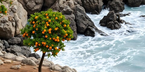  An orange tree growing next to a rocky sea shore, with waves crashing against the rocks and the sea in the background