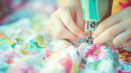 Child Learning Basics of Fabric Art Through Sewing