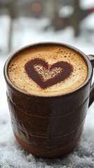 Heart Shaped Latte Art In Brown Mug On Snowy Window