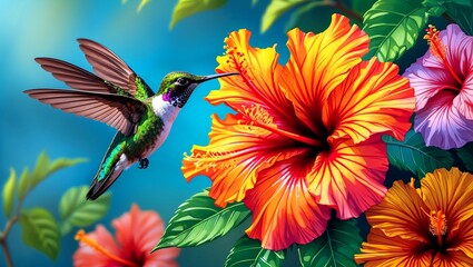 Fototapeta premium Vibrant hummingbird hovering above tropical hibiscus flower