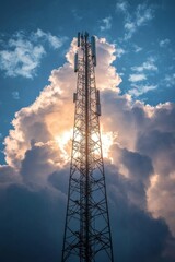 Tower structure against dramatic clouds during sunrise hours with light beams shining through, representing technology, communication and nature