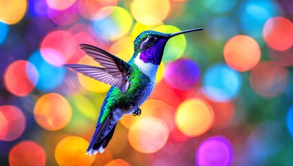 Fototapeta premium Vibrant hummingbird soaring through colorful bokeh background