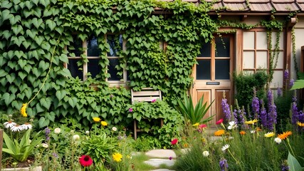 Fototapeta premium A charming rustic cottage garden with overgrown ivy, wildflowers, and a natural, unkempt feel, perfect for a cozy and welcoming