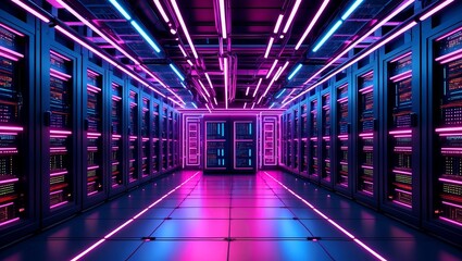 Vibrant neon circuitry in futuristic data center