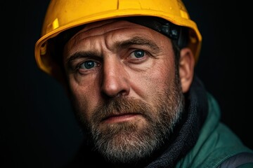 Intense Portrait of a Construction Worker Wearing a Yellow Hardhat, Reflecting Dedication and Hard Work