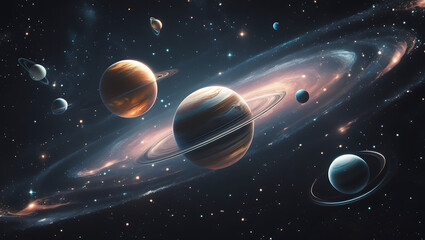 Fototapeta premium A mesmerizing 4D visual representation of celestial bodies in motion, set against a mysterious, dark black space galaxy background, created by generative ai