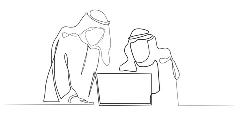 continuous line of two arab businessmen discussing in front of laptop.single line image of two arab businessmen discussing work,business progress strategy.single line isolated on white background