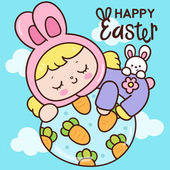 easter bunny girl on egg with rabbit kawaii card