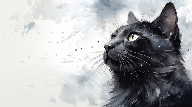 Black Cat Portrait in Watercolor Style with Soft Background