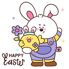 easter bunny with chick and flower kawaii animal cartoon