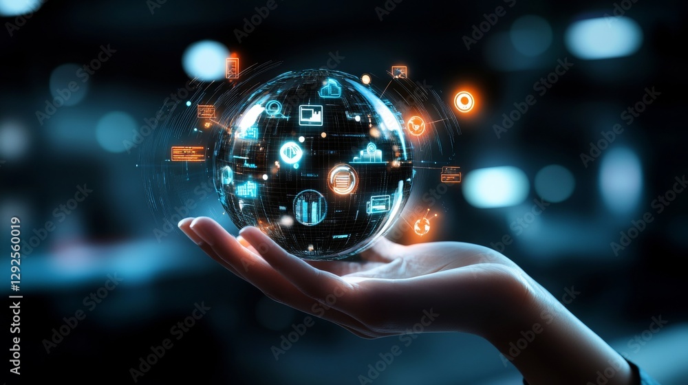 Poster innovative technology action global digital sphere interactive visualization modern workspace dynami