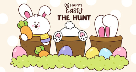 easter card with bunny in flower pot with egg kawaii cartoon character