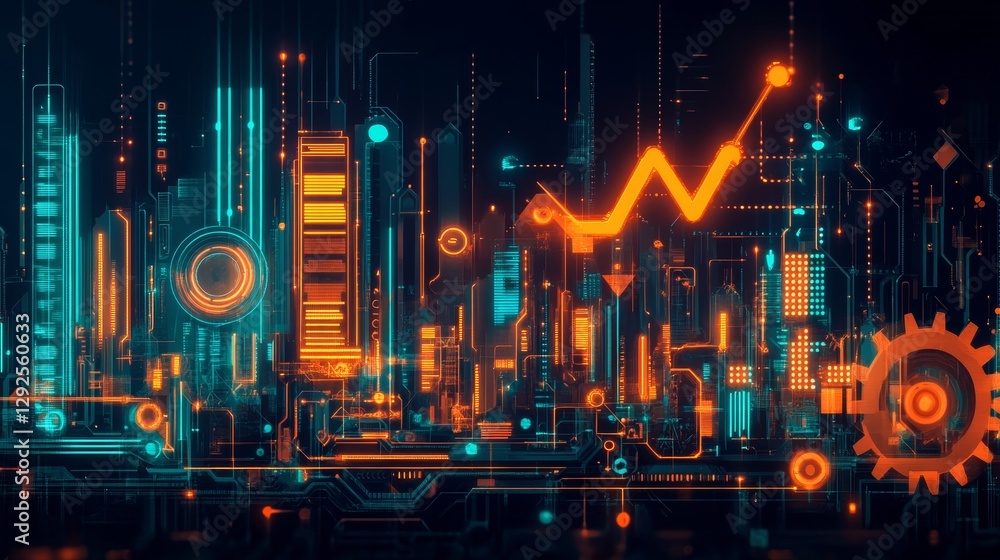Poster technological innovation and growth trends futuristic cityscape digital art neon environment abstrac