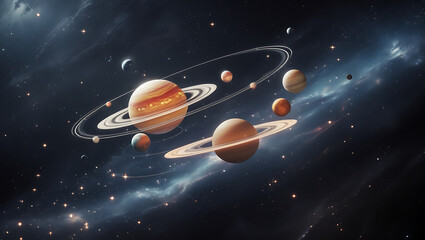 Naklejka premium A mesmerizing 4D visual representation of celestial bodies in motion, set against a mysterious, dark black space galaxy background, created by generative ai